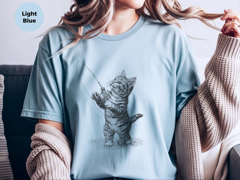 Parody Cat Shirt, Kitten Fishing Vintage Engraving, Retro Funny Cat Tee, Antique Line Art, Old World Graphic Novelty Humor, Fishermans Gift image 7