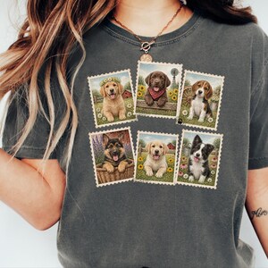 Country Dog Postage Stamp Shirt, Vintage Farm Dog Lover Gift, Cute Puppy Collage Tee, Rustic Animal Art Shirt image 8
