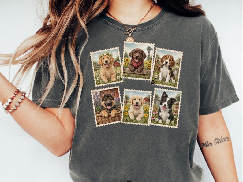 Country Dog Postage Stamp Shirt, Vintage Farm Dog Lover Gift, Cute Puppy Collage Tee, Rustic Animal Art Shirt image 8