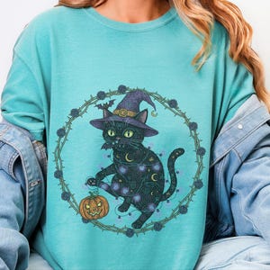 Comfort Colors Gothic Black Cat Print Shirt, Black Cat Witch Hat Tee, Spooky Fantasy Whimsical Halloween Art, Dark Feminine Whimsi Goth image 6