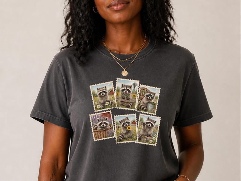 Raccoon Postage Stamp Shirt, Vintage Animal Lover Gift, Farm Girl Tee, Rustic Nature Graphic Shirt image 4