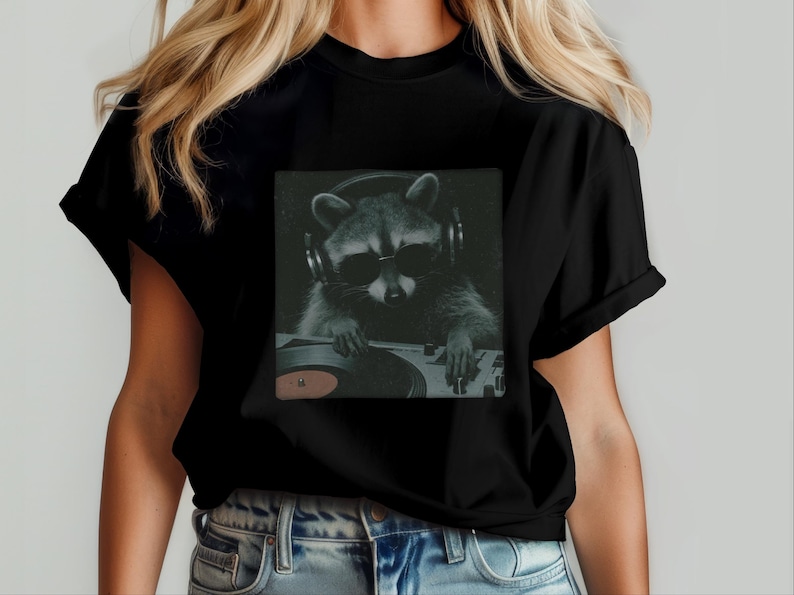 DJ Graphic Tee, Raccoon Djing Shirt, Funny Trash Panda Gift, Electronic Music Producer, Vintage Hip Hop Concert Style Tee, Raccoon Tshirt image 1