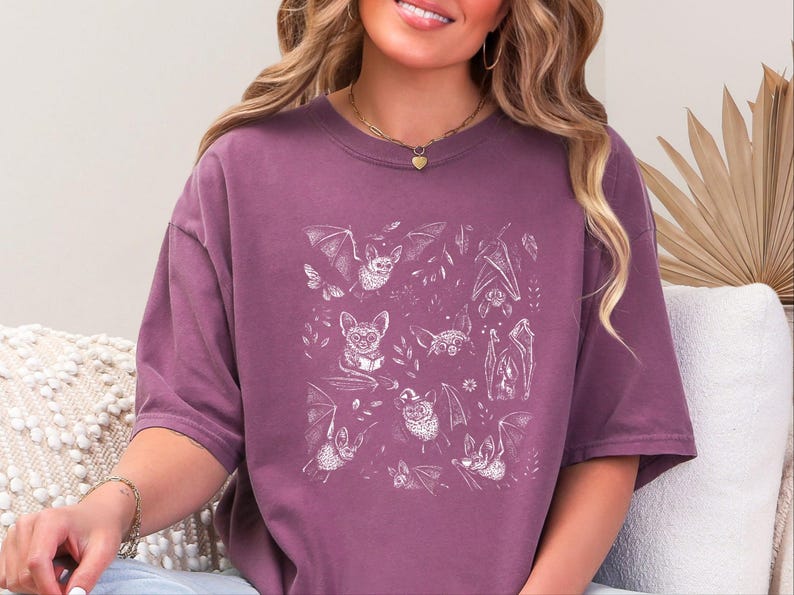 Comfort Colors Cute Animal Cartoon Bat Shirt, Whimsical Gothic Tee, Dark Academia Literary Gift, Funny Halloween Reader Tee, Gothic T-shirt image 5