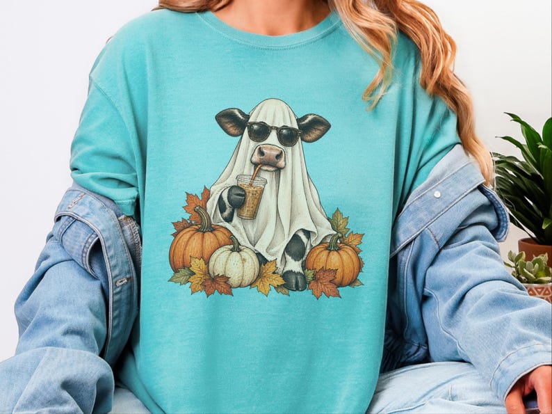 Camiseta de vaca fantasma, camiseta de café de Halloween, camiseta de café de otoño, sudadera con taza de café fantasma, conjunto de otoño con especias de calabaza. imagen 8