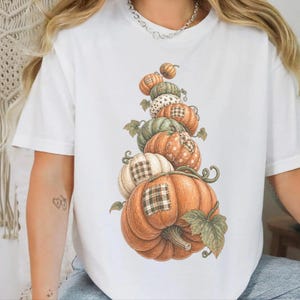 Camiseta de calabaza de otoño, camiseta bohemia de calabaza, regalo de temporada de cosecha, camiseta otoñal estilo cottagecore, top de Acción de Gracias, sudadera de calabaza patchwork imagen 1