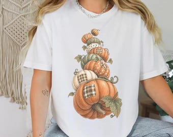 Fall Pumpkin Shirt, Boho Pumpkin Tee, Harvest Season Gift, Cottagecore Autumn Shirt, Thanksgiving Top, Patchwork Pumpkin Sweatshirt