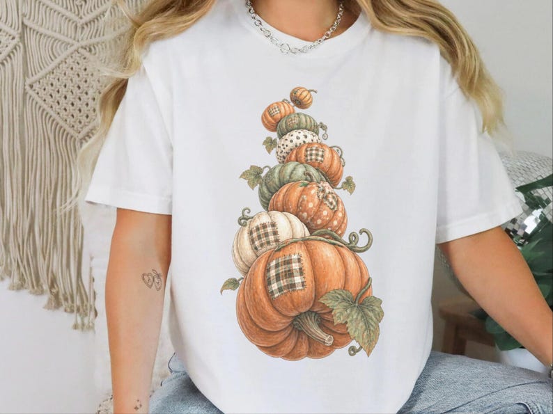 Camiseta de calabaza de otoño, camiseta bohemia de calabaza, regalo de temporada de cosecha, camiseta otoñal estilo cottagecore, top de Acción de Gracias, sudadera de calabaza patchwork imagen 1