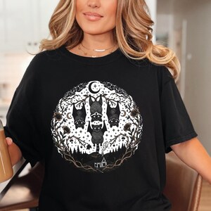 Comfort Colors Night Animals Halloween Racoon Bats Floral Night Scene Shirt, Vintage Spooky Moon Phases Tee, Goth Cottagecore Witchy Fall image 7