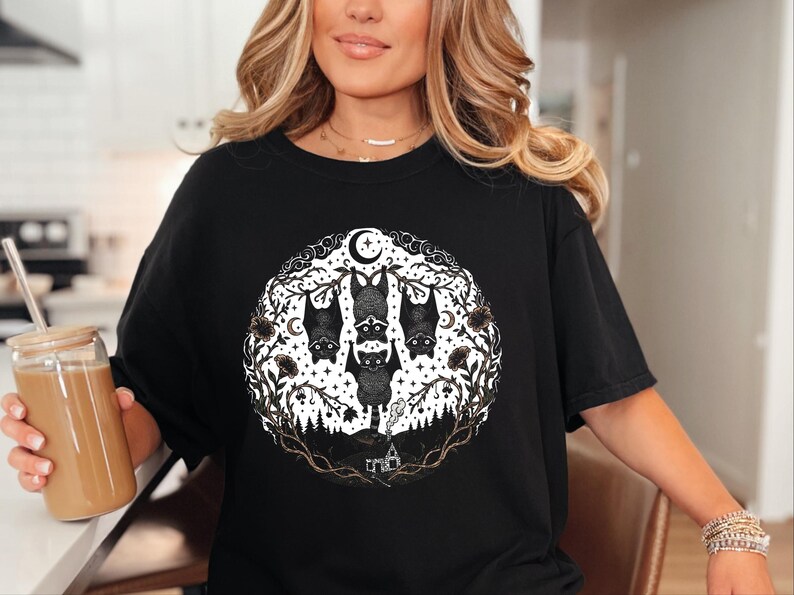 Comfort Colors Night Animals Halloween Racoon Bats Floral Night Scene Shirt, Vintage Spooky Moon Phases Tee, Goth Cottagecore Witchy Fall image 7