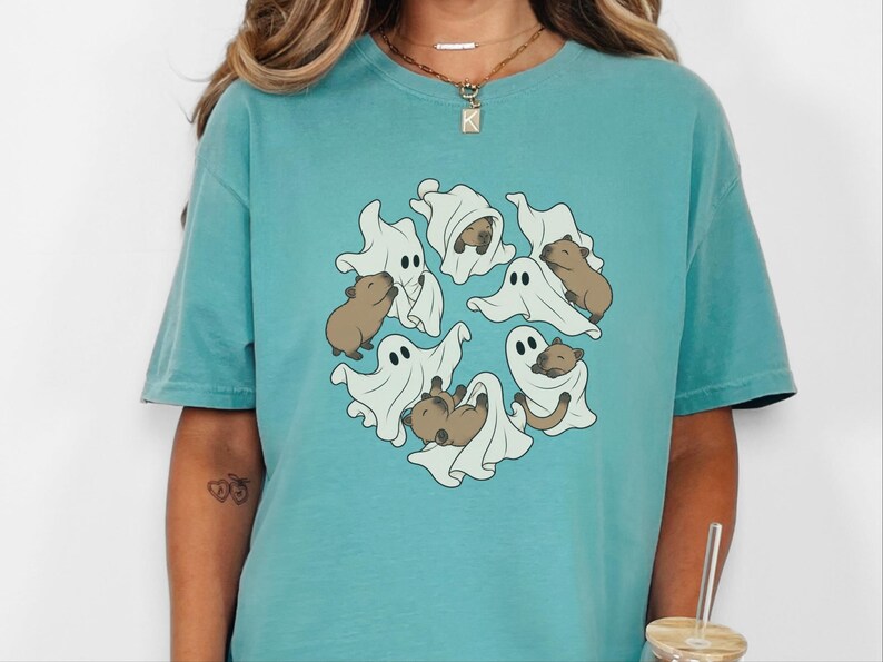 Cute Capybara Shirt, Ghost Playing With Capybara Gift, Spooky Ghost Tee, Rodent Lover Fall Shirt, Halloween Animal Graphic Tee image 9