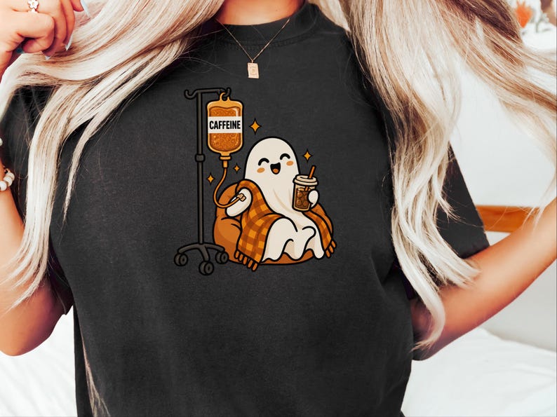 Ghost Coffee Shirt, Spooky Season Tee, Night Shift Nurse Gift, Halloween Coffee Lover, Caffeine IV Sweatshirt afbeelding 5
