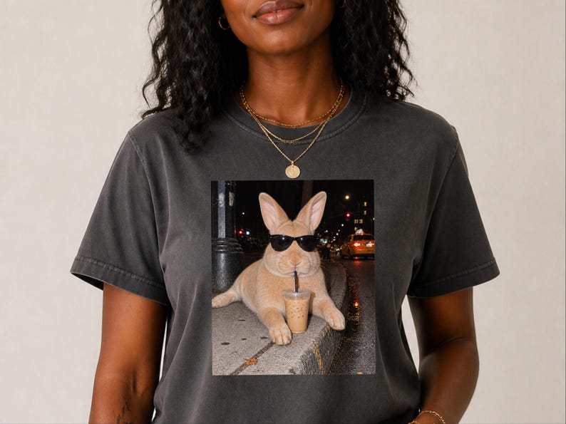 Funny Rabbit Shirt, Iced Coffee Lover Gift, Cool Bunny Mom Shirt, Funny Animal Gift, Rabbit Dad Gift image 1