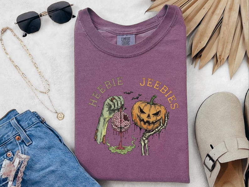 Comfort Colors Watercolor Zombie Heebie Jeebies Shirt, Modern Horror Movie Tee, Retro Goth Halloween Graphic, Spooky Pumpkin Skull Vintage image 5