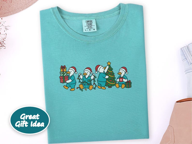 Christmas Scrub Top, Holiday Duck Shirt, Nurse Christmas Gift, Medical Staff Tee, Festive Doctor Sweater image 4