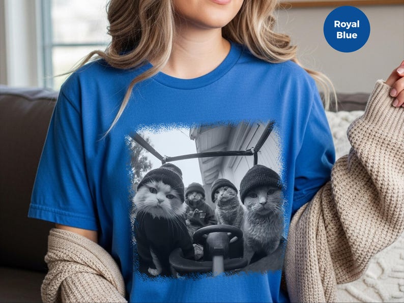 Gangster Cat Shirt | Cat Thugs In Car Lowrider Tee | Edgy Urban Graphic, Funny Meme Feline, Chicano Car Culture Style, Gangster Cat Tee image 1