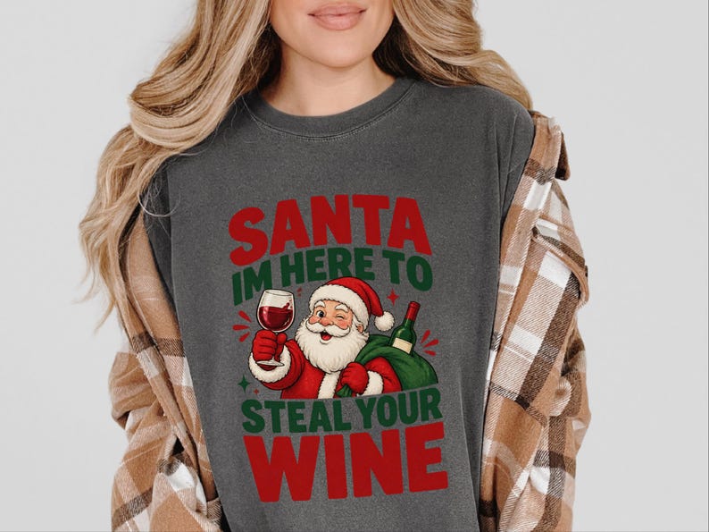 Camiseta Festa do Vinho, Design Retrô do Papai Noel, Presente de Natal com Vinho, Camiseta Divertida de Natal, Papai Noel, Vim Roubar Seu Vinho, Camiseta para Amantes de Vinho imagem 4