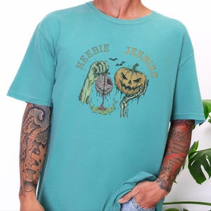 Comfort Colors Watercolor Zombie Heebie Jeebies Shirt, Modern Horror Movie Tee, Retro Goth Halloween Graphic, Spooky Pumpkin Skull Vintage image 7