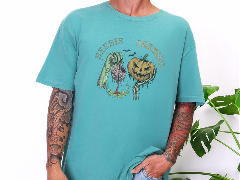 Comfort Colors Watercolor Zombie Heebie Jeebies Shirt, Modern Horror Movie Tee, Retro Goth Halloween Graphic, Spooky Pumpkin Skull Vintage image 7