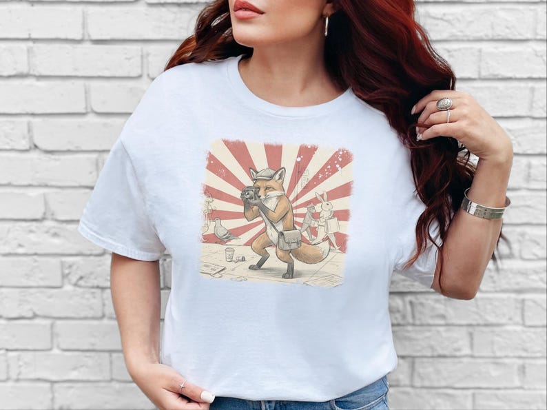 Photography Fox Shirt | Vintage Camera Animal Tee | Urban Photographer Art Gift, Fox Photographer, Vintage Camera Tee, Urban Fox Art image 3