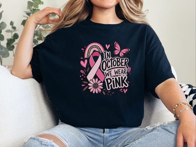 In October We Wear Pink Shirt, Breast Cancer Awareness Gift, Pink Ribbon Tee, Survivor Sweatshirt, Cancer Support Top image 1