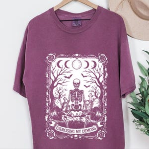 Comfort Colors Skeleton Workout Tee, Exercising My Demons Gothic Gym Shirt, Funny Fitness Weightlifting Humor, Spooky Cemetery Dark Art image 10