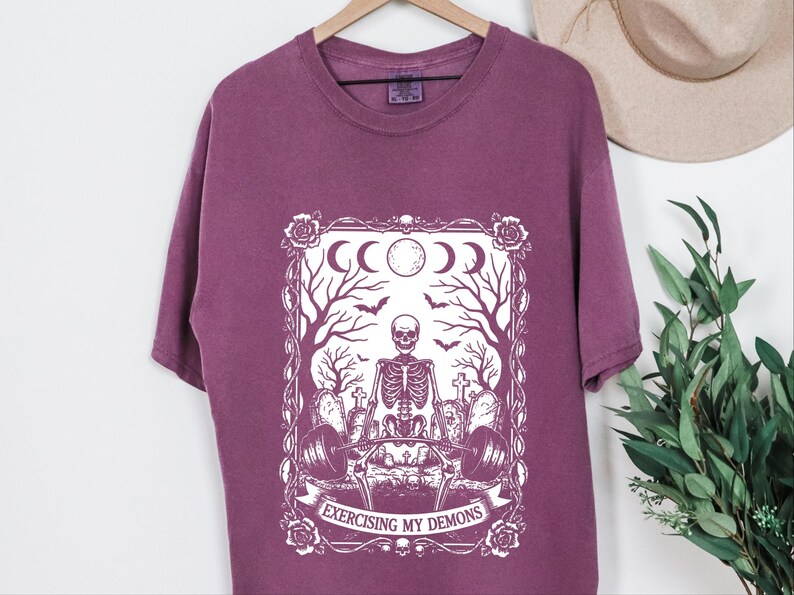 Comfort Colors Skeleton Workout Tee, Exercising My Demons Gothic Gym Shirt, Funny Fitness Weightlifting Humor, Spooky Cemetery Dark Art image 10