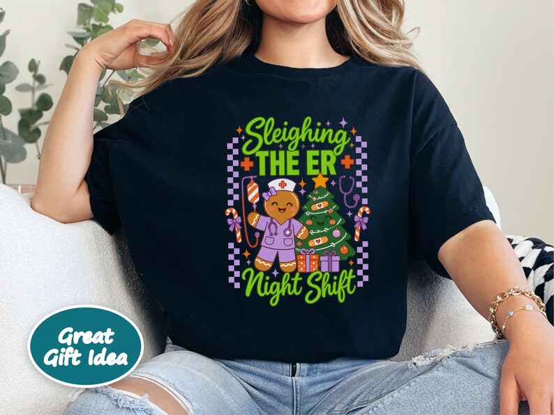 Er Nurse Christmas Shirt, Gingerbread Nurse Gift, Emergency Room Tee, Sleighing The Er Night Shift, Christmas Scrub Top, Nurse Holiday Gift image 6