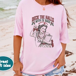 Christmas Nurse Shirt, Funny Healthcare Gift, Retro Nurse Christmas Top, Deck The Halls With IV Bags, ICU Nurse Holiday Sweatshirt image 6