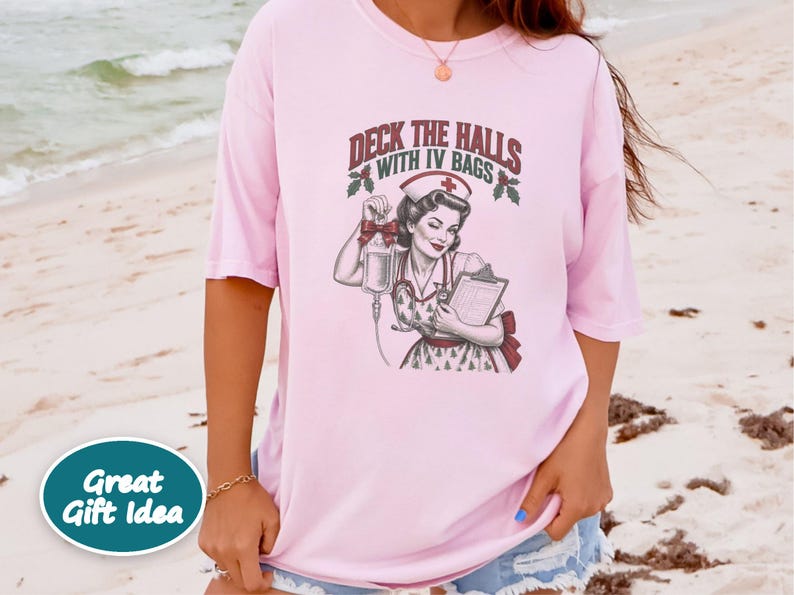 Christmas Nurse Shirt, Funny Healthcare Gift, Retro Nurse Christmas Top, Deck The Halls With IV Bags, ICU Nurse Holiday Sweatshirt image 6