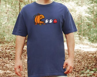 ハロウィンゲーマーシャツ、パンプキンパックマンTシャツ、レトロアーケードアート、不気味な季節のトップス、ビデオゲームギフトアイデア、ハロウィンパーティーTシャツ