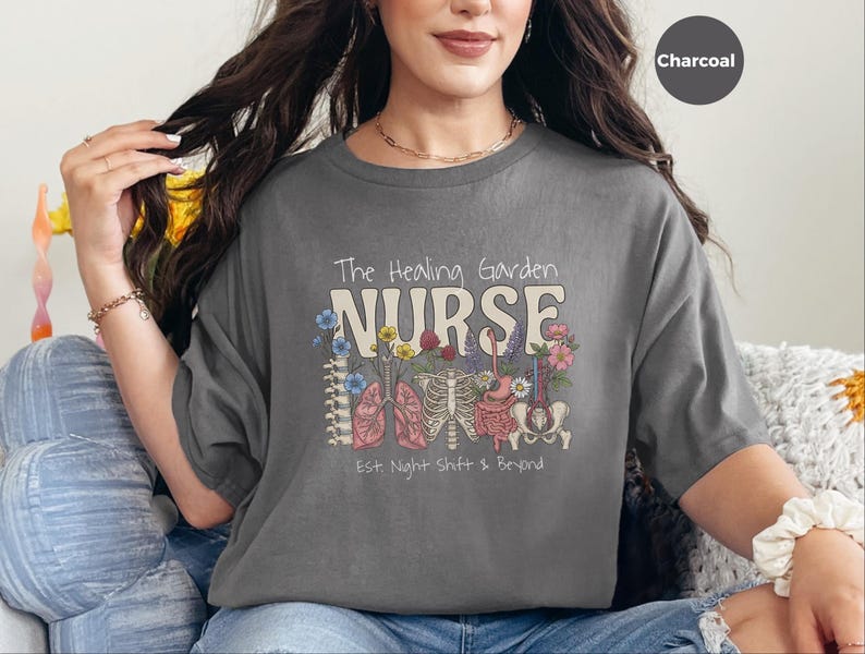 Boho Floral Nurse Shirt, The Healing Garden RN Top, Vintage Human Anatomy Art, Comfort Colors Medical Tee, Nursing School Grad Gift, LPN CNA image 1