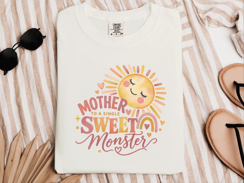 Mother To A Single Sweet Monster Shirt, Retro Sun Mom Gift, Funny Boy Mom Tee, Mother Day Gift, Cute Mama Shirt image 4