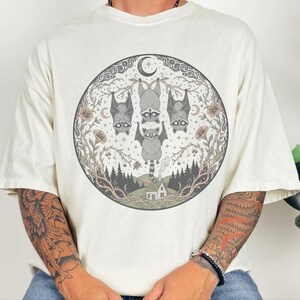 Comfort Colors Night Animals Halloween Racoon Bats Floral Night Scene Shirt, Vintage Spooky Moon Phases Tee, Goth Cottagecore Witchy Fall image 9