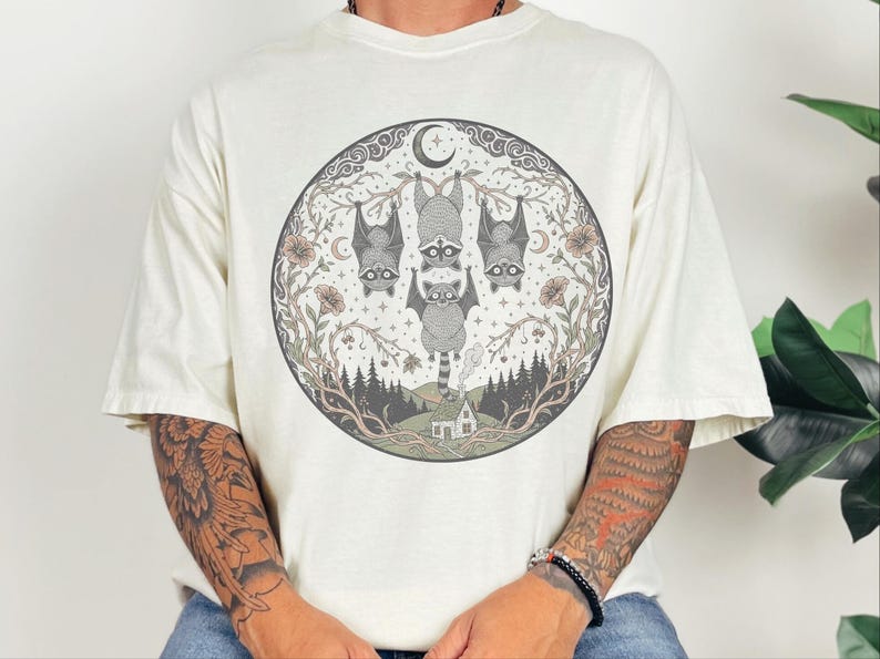Comfort Colors Night Animals Halloween Racoon Bats Floral Night Scene Shirt, Vintage Spooky Moon Phases Tee, Goth Cottagecore Witchy Fall image 9
