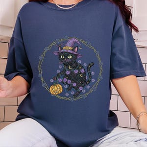 Comfort Colors Gothic Black Cat Print Shirt, Black Cat Witch Hat Tee, Spooky Fantasy Whimsical Halloween Art, Dark Feminine Whimsi Goth image 12