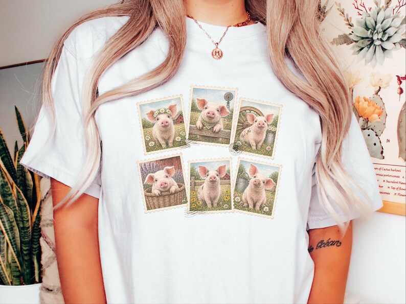 Cute Pig Shirt, Farm Animal Gift, Vintage Postal Stamp Tee, Pig Lover Shirt, Country Life Top image 10