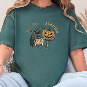 Comfort Colors Grim Reaper Pattern Heebie Jeebies Shirt, Horror Figure Apparel, Vintage Lantern, Gothic Halloween Scary Tee, Thing Hand image 7