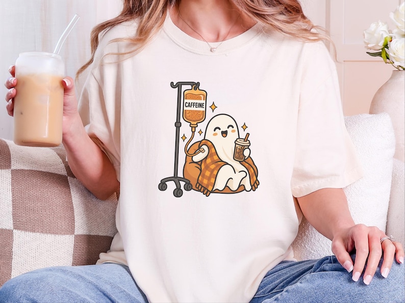 Ghost Coffee Shirt, Spooky Season Tee, Night Shift Nurse Gift, Halloween Coffee Lover, Caffeine IV Sweatshirt afbeelding 1
