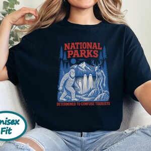 National Park Shirt, Bigfoot Cryptid Gift, Funny Camping Shirt, Retro Sasquatch Tee, Determined To Confuse Tourists image 4