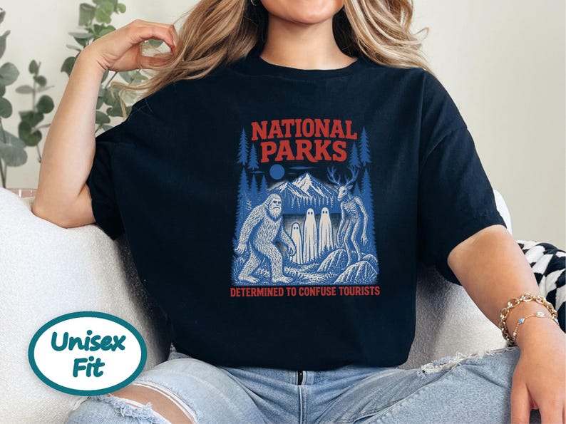 National Park Shirt, Bigfoot Cryptid Gift, Funny Camping Shirt, Retro Sasquatch Tee, Determined To Confuse Tourists image 4