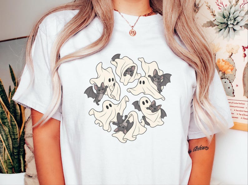 Ghost Shirt, Halloween T-Shirt, Spooky Season Tee, Cute Ghost Playing With Bat image 9