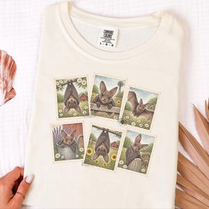Bat Lover Gift, Vintage Bird Art, Postage Stamp Tee, Cute Bat Shirt, Cottagecore Nature Shirt, Farm Animal Gift image 7