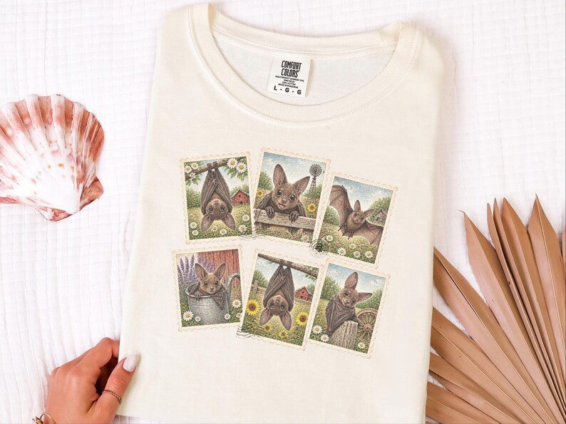 Bat Lover Gift, Vintage Bird Art, Postage Stamp Tee, Cute Bat Shirt, Cottagecore Nature Shirt, Farm Animal Gift image 7