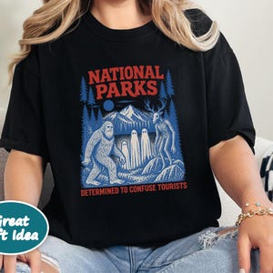 National Park Shirt, Bigfoot Cryptid Gift, Funny Camping Shirt, Retro Sasquatch Tee, Determined To Confuse Tourists image 7