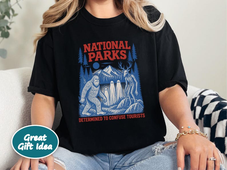National Park Shirt, Bigfoot Cryptid Gift, Funny Camping Shirt, Retro Sasquatch Tee, Determined To Confuse Tourists image 7