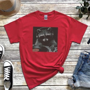 DJ Graphic Tee, Raccoon Djing Shirt, Funny Trash Panda Gift, Electronic Music Producer, Vintage Hip Hop Concert Style Tee, Raccoon Tshirt image 4