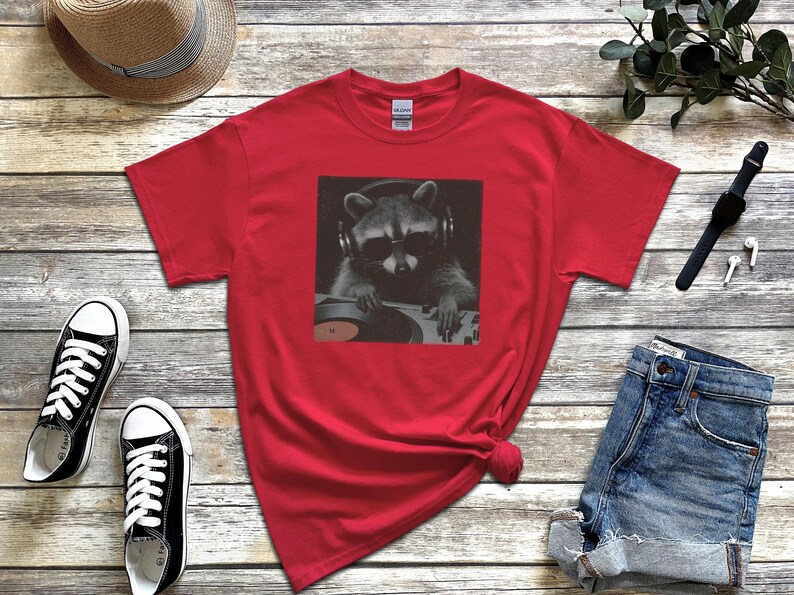 DJ Graphic Tee, Raccoon Djing Shirt, Funny Trash Panda Gift, Electronic Music Producer, Vintage Hip Hop Concert Style Tee, Raccoon Tshirt image 4