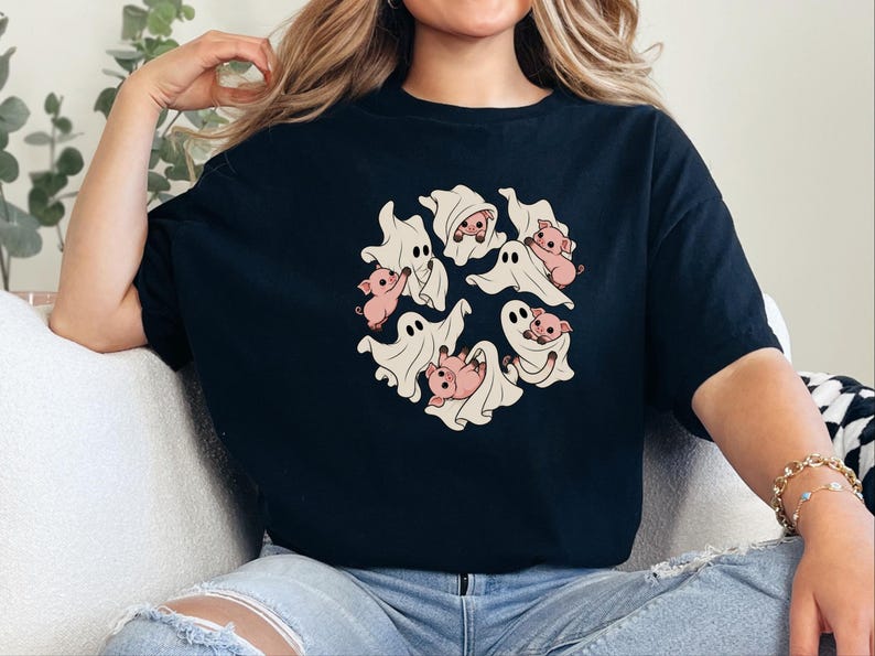 Camiseta de fantasma, regalo para amantes de los cerdos, camiseta de fantasma de Halloween, camiseta de temporada espeluznante, camiseta con estampado de cerdo, camiseta de animales de granja imagen 8