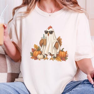 Halloween Chicken Shirt, Ghost Coffee Tee, Fall Chicken Gift, Chicken Lover Shirt, Spooky Season Tee image 3