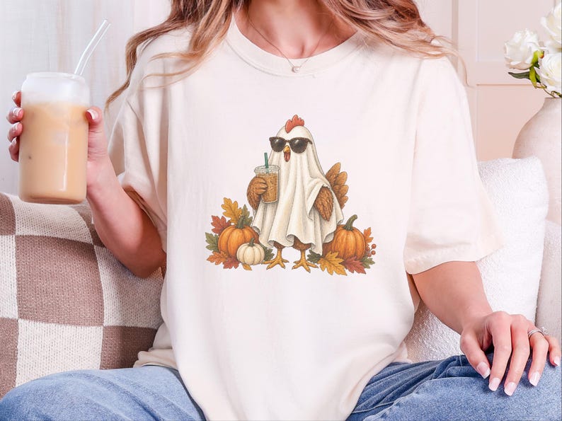 Halloween Chicken Shirt, Ghost Coffee Tee, Fall Chicken Gift, Chicken Lover Shirt, Spooky Season Tee image 3